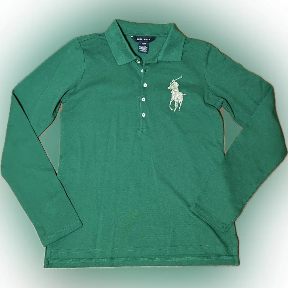 Ralph Lauren Beaded Big Pony Blue Label Green Long Sleeve Polo Girls L 12/14